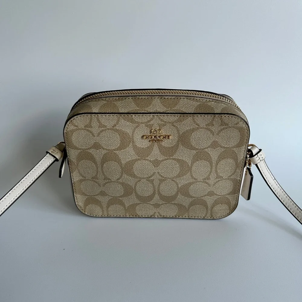 Coach Mini Camera Bag Light Khaki Chalk Canvas Leather Crossbody Excellent